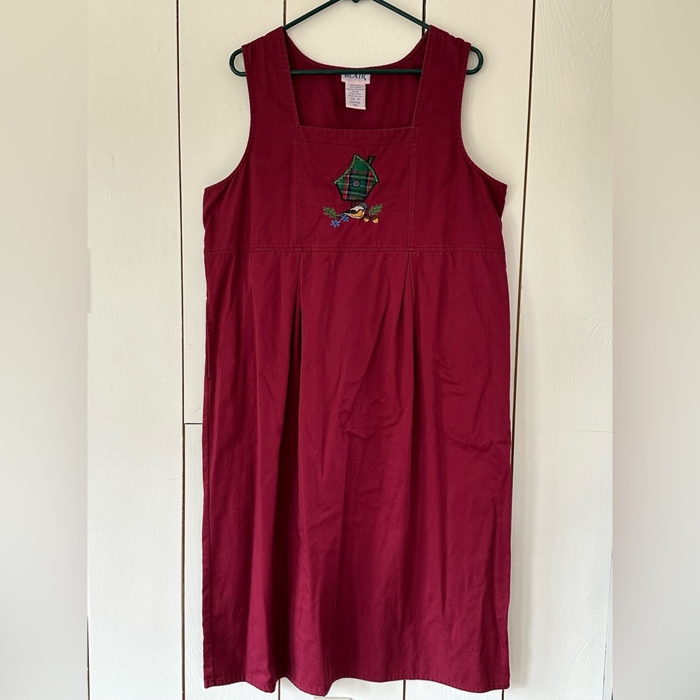 VTG 90s Apron Dress Pinafore Jumper Sz L-XL Burgundy Chickadee Bird Embroidery